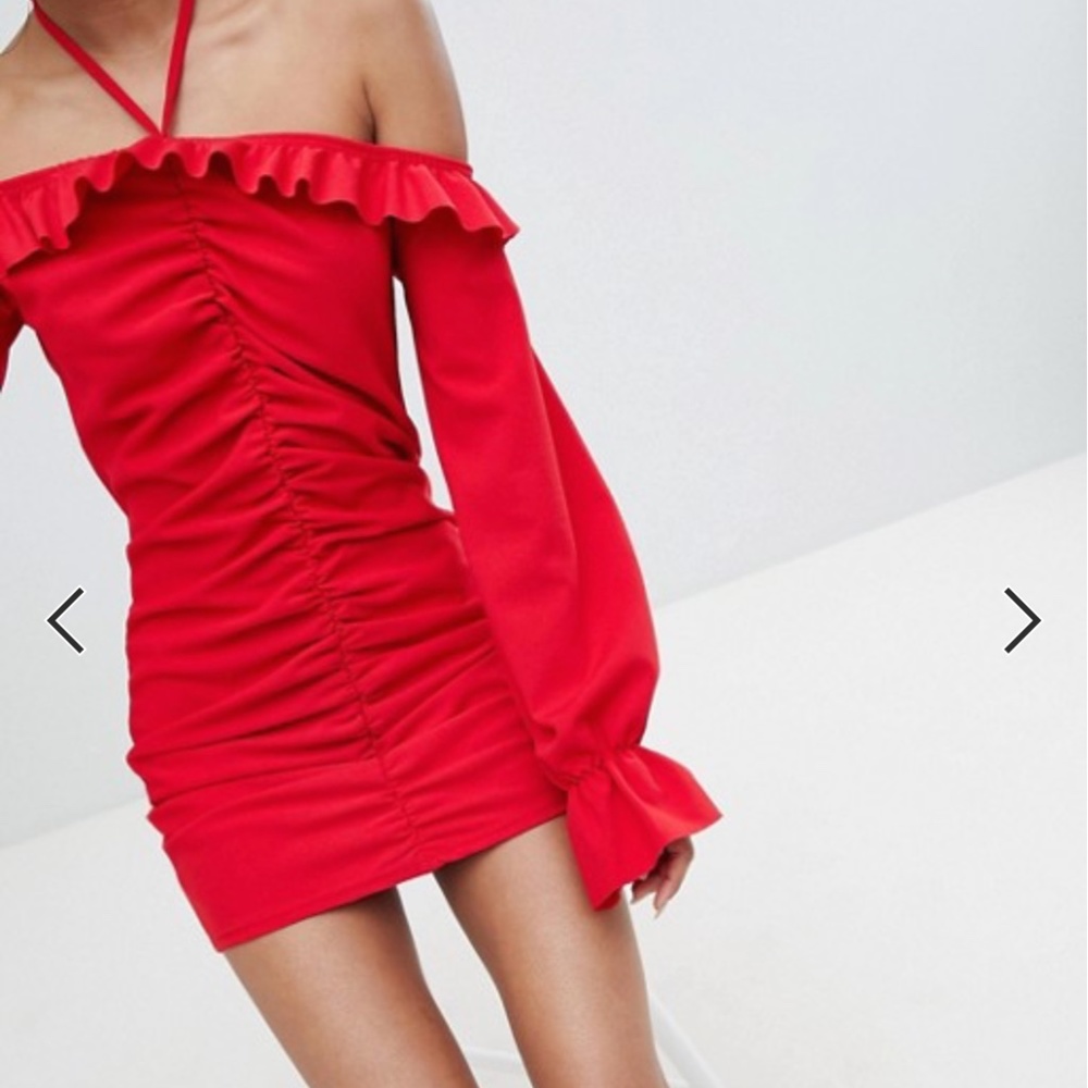 Lasula ruched front off shoulder mini dress
